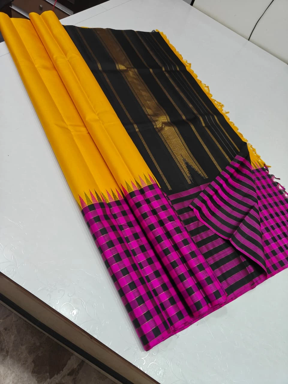 Yellow & Black Border Checked Silk Saree